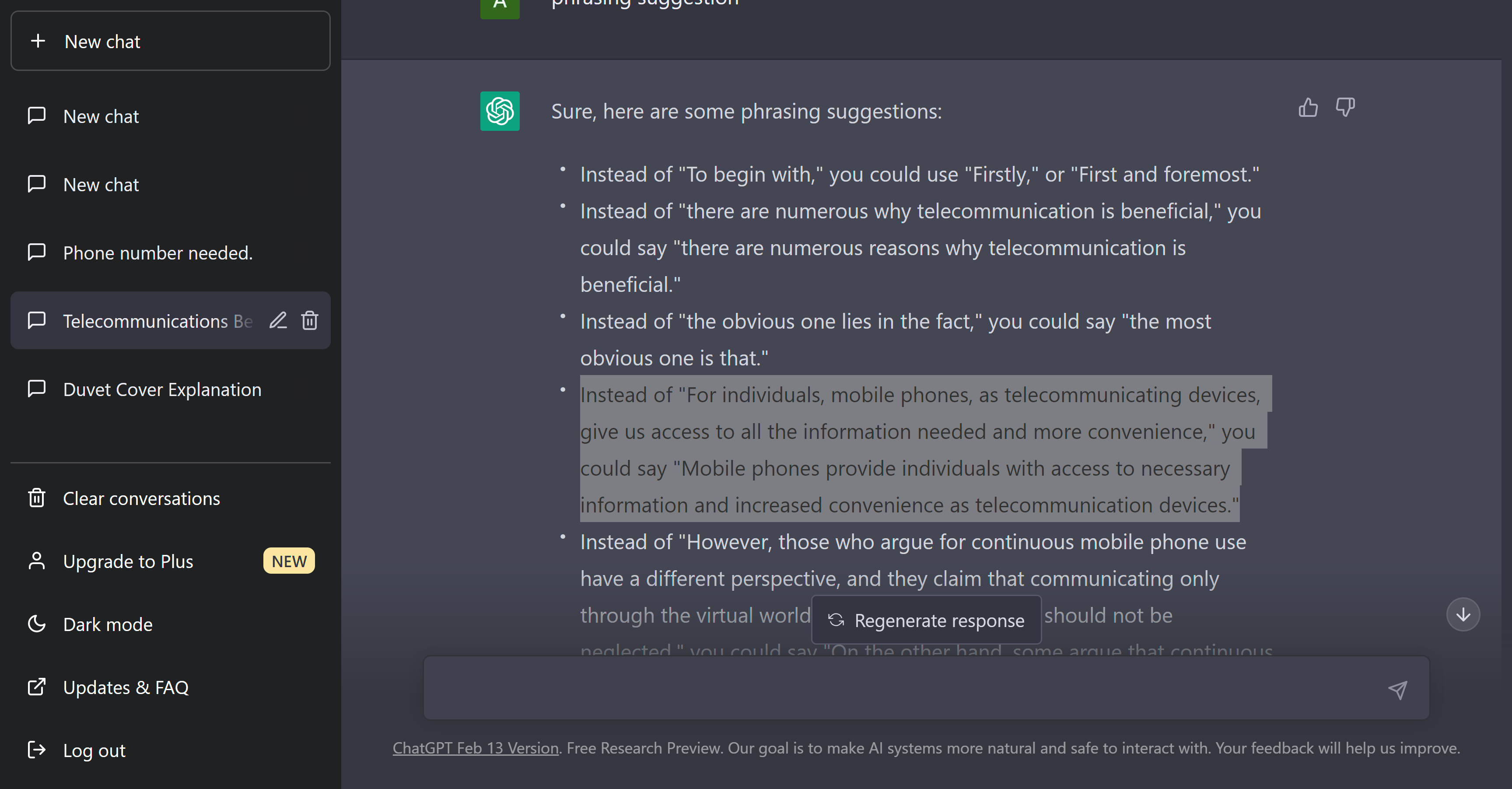 ChatGPT showing phrasing suggestions